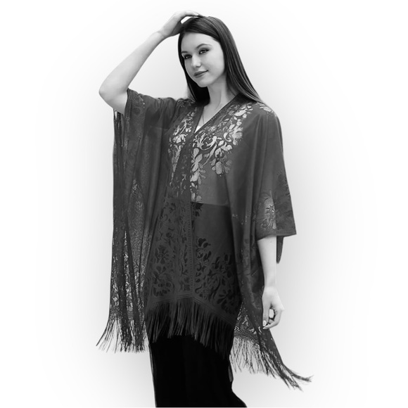New Shawl Solid Black Tassel Embroidered Sheer Kimono Festival Beach Cover Up - Picture 2 of 13